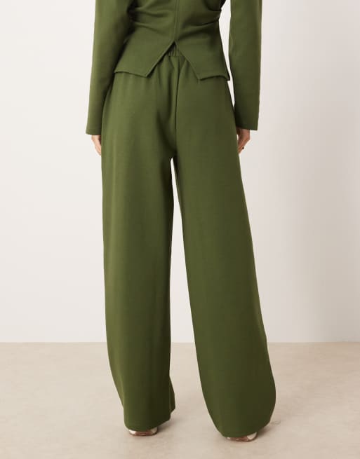 ASOS DESIGN interlock wide leg pants in khaki green - part of a set, 4 of 5