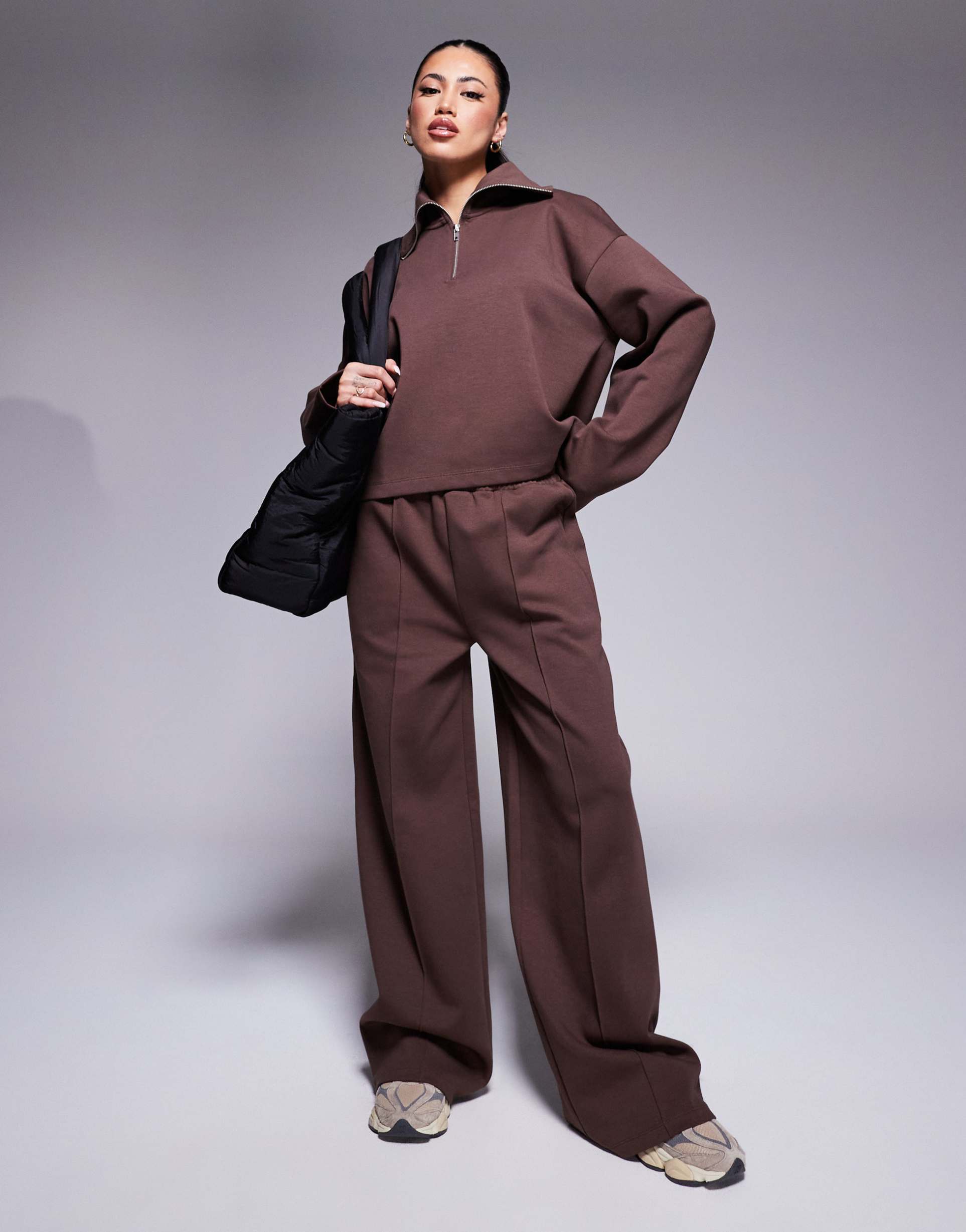 asos design interlock wide leg sweatpants in chocolate - part of a set