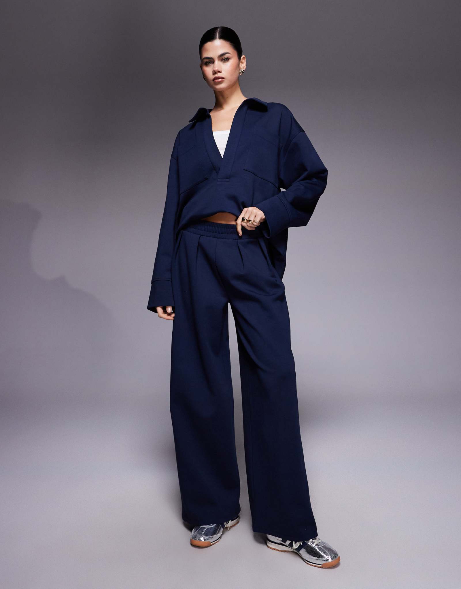 Широкие спортивные брюки ASOS DESIGN interlock темно-синего цвета - часть комплекта