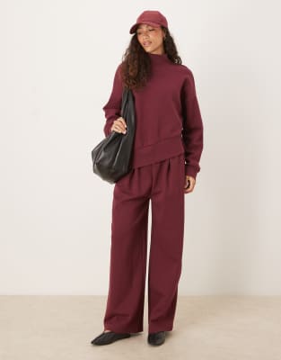 Asos Design Interlock Wide Leg Sweatpants With Wide Waistband Detail In Burgundy