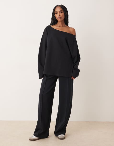 ASOS DESIGN interlock wide leg trouser in black - view 1