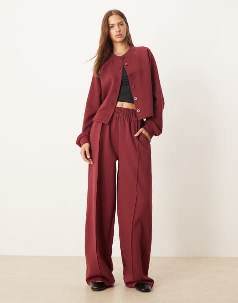 ASOS DESIGN interlock wide leg trouser in burgundy - view 1