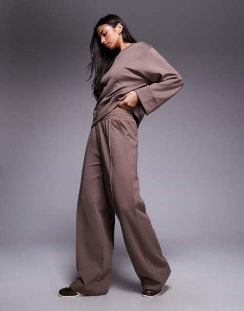 ASOS DESIGN interlock wide leg trouser in deep taupe - view 1