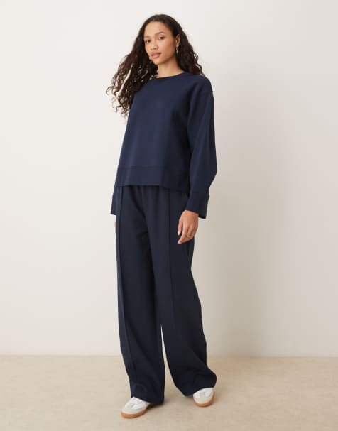 ASOS DESIGN interlock wide leg trouser in navy - view 1