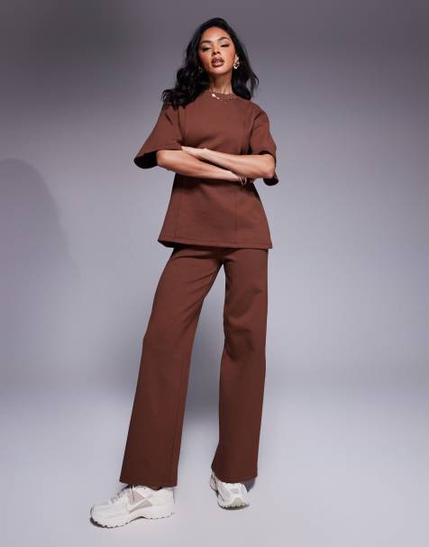 ASOS DESIGN interlock wide leg trousers co ord in brown - view 1