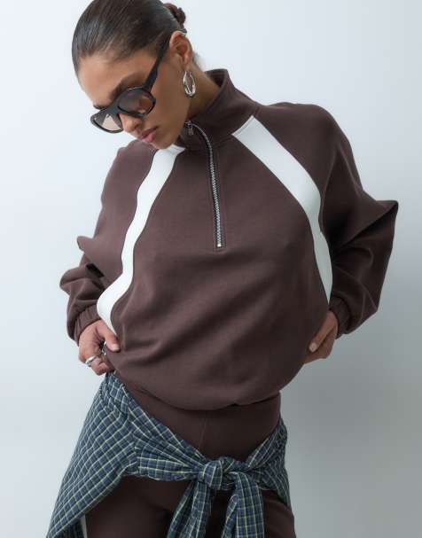 ASOS DESIGN interlock zip through track top in brown and cream - view 1