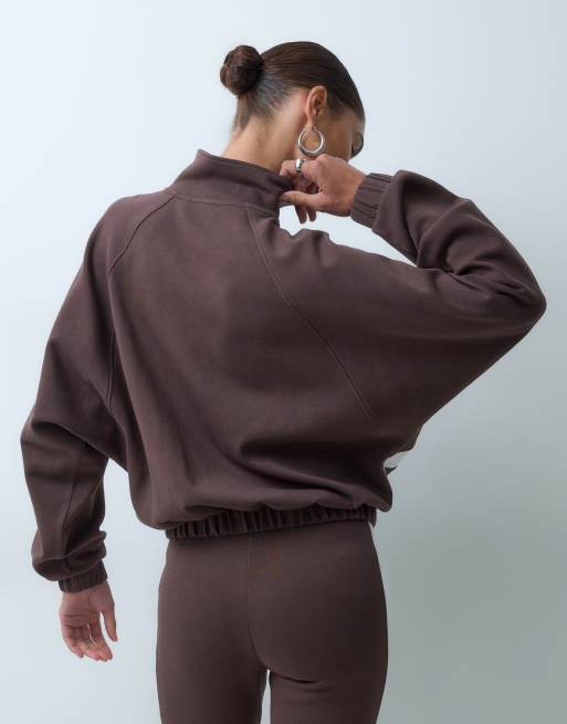 ASOS DESIGN interlock zip through track top in brown and cream, 3 of 4