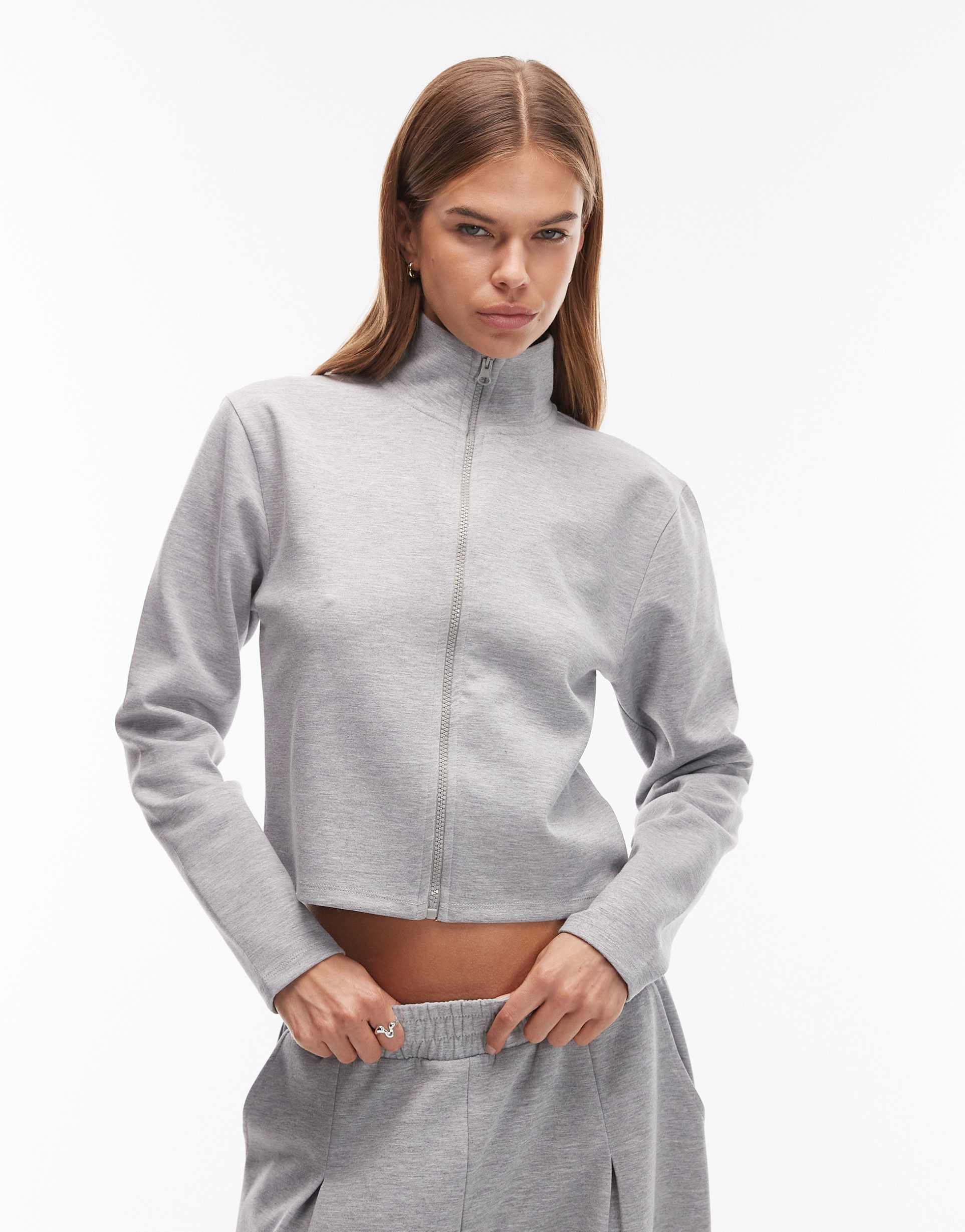 asos design interlock zip up high neck sweatshirt in heather gray - part of a set