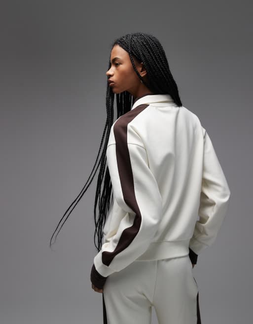 ASOS DESIGN interlock zip up jacket with contrast chocolate tipping in cream - part of a set, 3 of 4