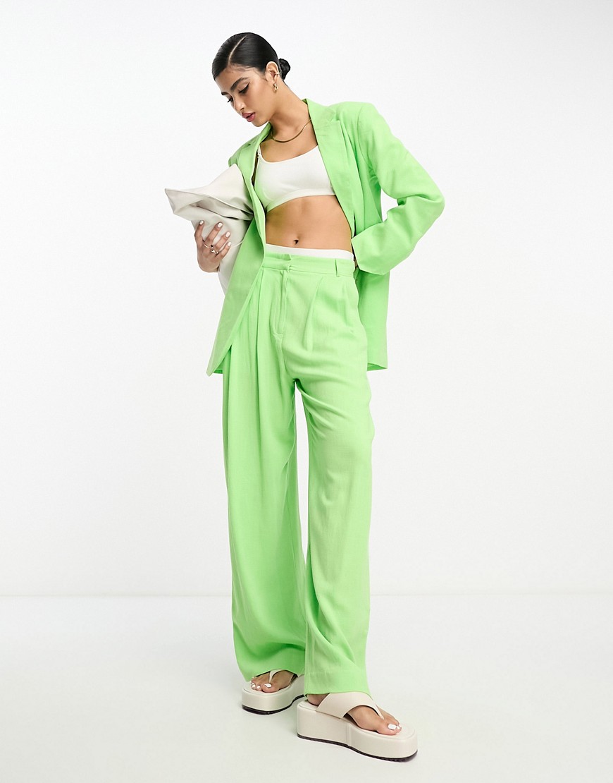 ASOS DESIGN inverted pleat wide leg suit trouser with linen in green