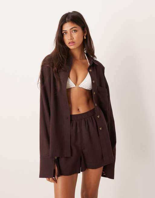 ASOS DESIGN – Ipanema – Czekoladowa prześwitująca koszula plażowa z domieszką lnu, 3 z 4