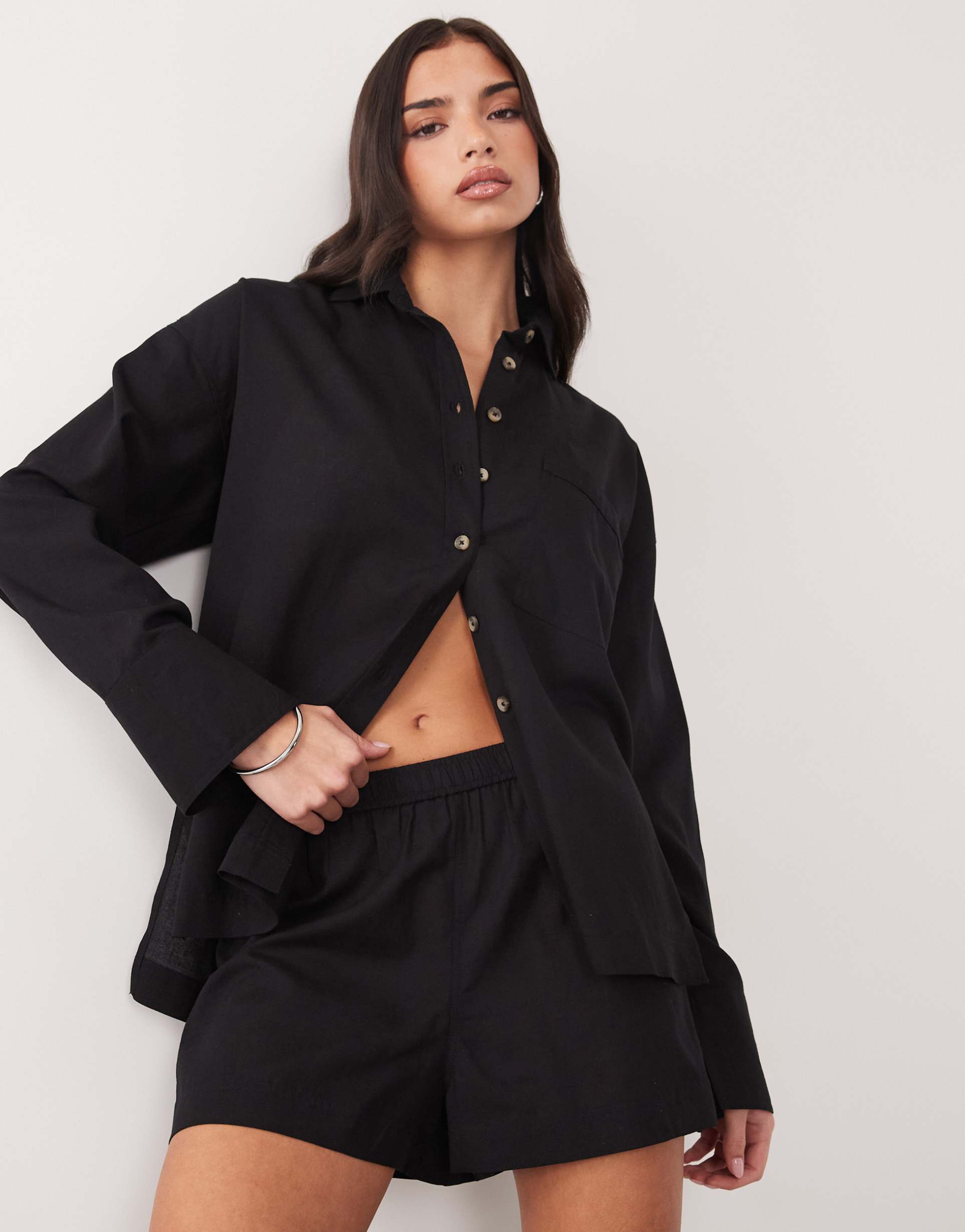 asos design ipanema linen blend sheer beach shorts in black