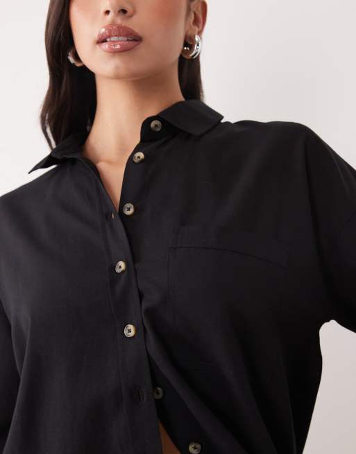 ASOS DESIGN Ipanema sheer beach shirt with linen in black, 3 of 4