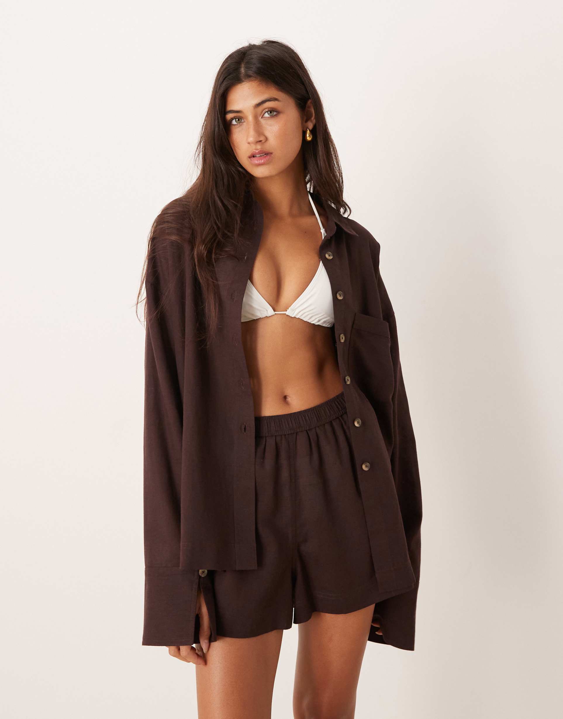 asos design ipanema sheer beach shirt with linen in chocolate