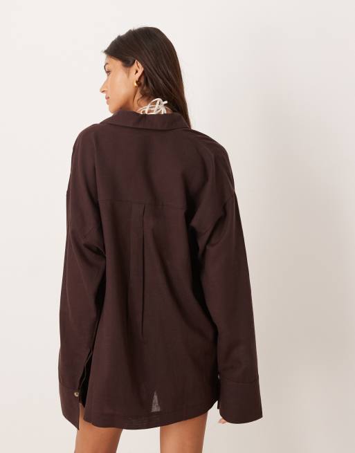 ASOS DESIGN Ipanema sheer beach shirt with linen in chocolate, 4 of 4