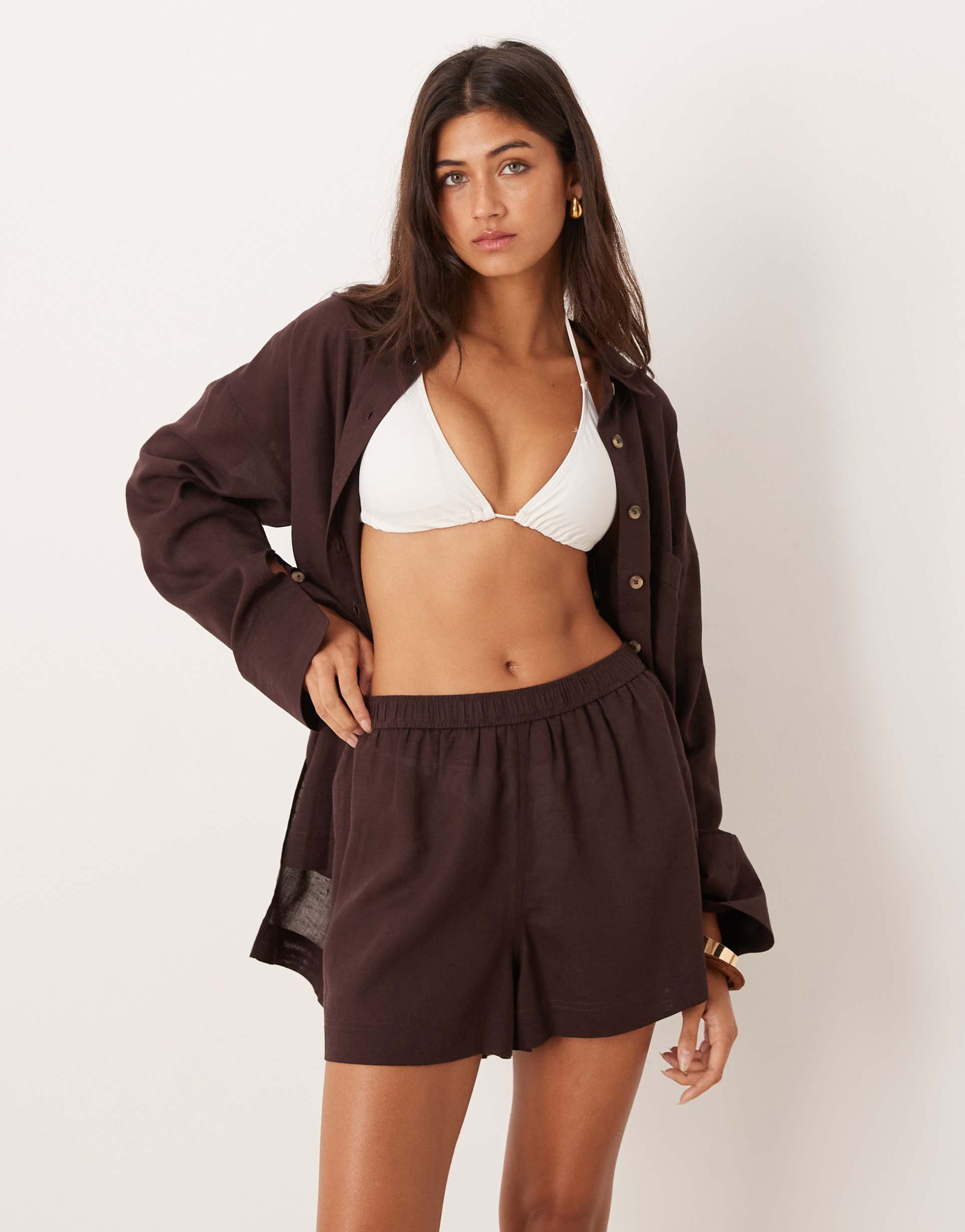 asos design ipanema sheer beach shorts with linen in chocolate