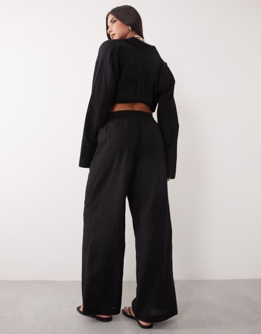 ASOS DESIGN Ipanema sheer beach trouser with linen in black, 4 of 5