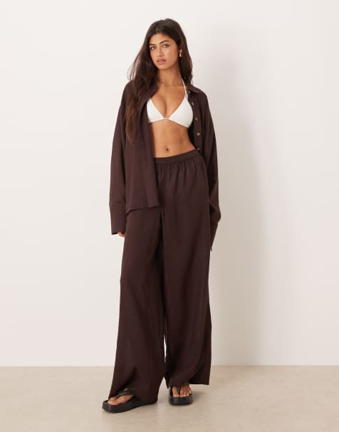 ASOS DESIGN Ipanema sheer beach trouser with linen in chocolate - view 1