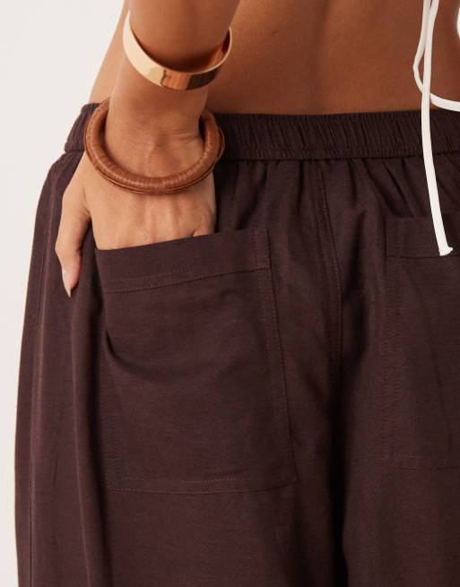 ASOS DESIGN Ipanema sheer beach trouser with linen in chocolate, 3 of 5