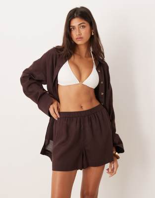 ASOS DESIGN - Ipanema - Transparente Strand-Shorts in Schokobraun mit Leinenanteil-Brown