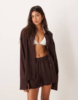 ASOS DESIGN - Ipanema - Transparentes Strandhemd in Schokobraun mit Leinenanteil-Brown