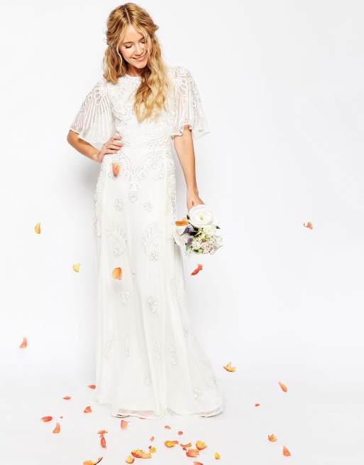 Asos edition embroidered flutter sleeve maxi wedding clearance dress