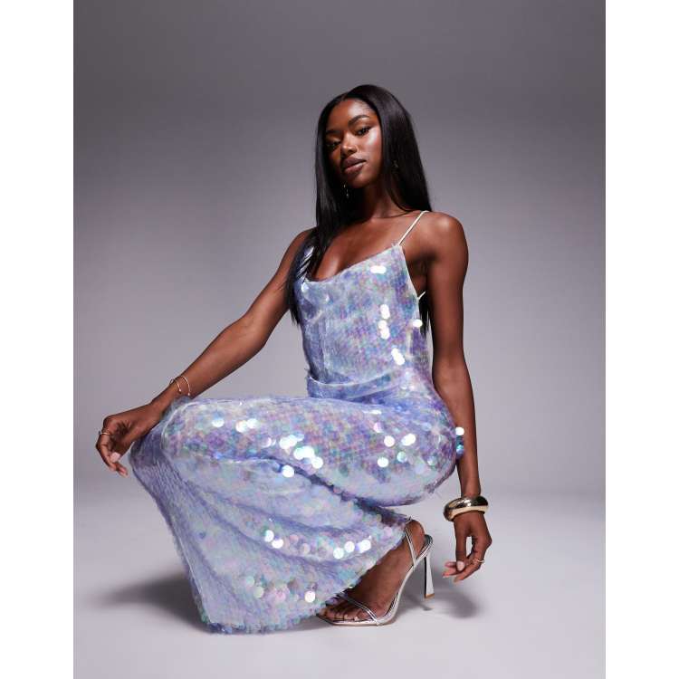 ໒꒱. ゜ ASOS DESIGN iridescent sequin asymmetric cowl neck midi