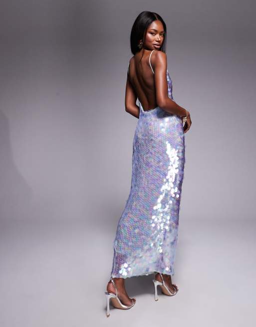 ASOS DESIGN iridescent sequin asymmetric cowl neck midi dress in light blue