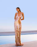 [ASOS DESIGN] ASOS DESIGN iridescent sequin cut out maxi dress with plunge neckline in apricot-Orange 16 Peach