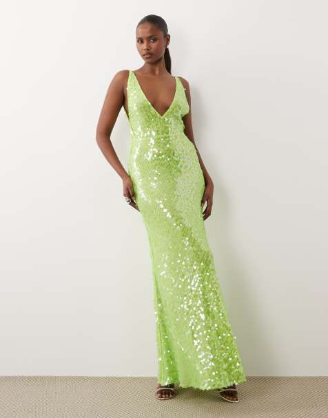 ASOS DESIGN iridescent sequin deep plunge fishtail maxi dress in green - view 1