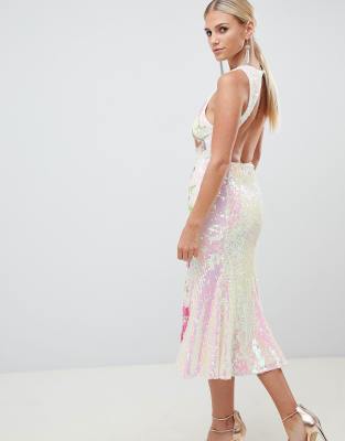 iridescent sequin midi dress