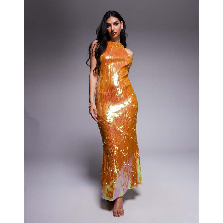 ASOS DESIGN iridescent sequin high neck maxi dress with open back in bronze  | ASOS