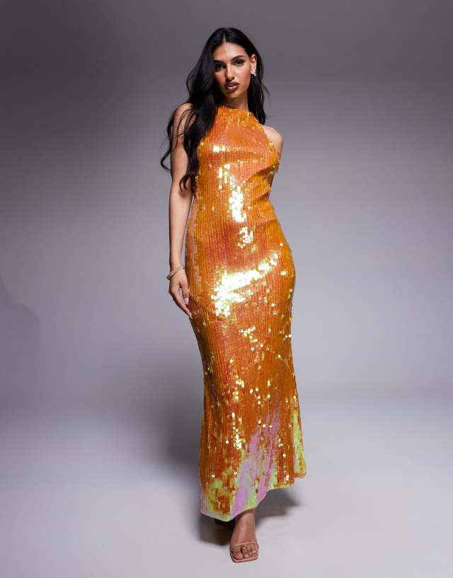 shimmer dress design ASOS iridescent sequin high neck maxi with open back in bronze Girl Color:Navy Nude denim shorts Windsor | Dresses | Fitted shorts * Design
