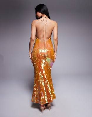 Asos Design Iridescent Sequin High Neck Maxi Dress With Open Back