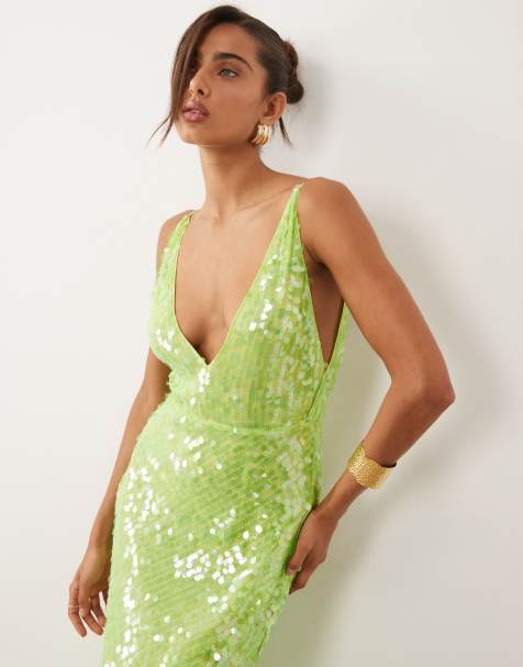 ASOS DESIGN iridescent sequins deep plunge neck fishtail maxi dress in green - view 1