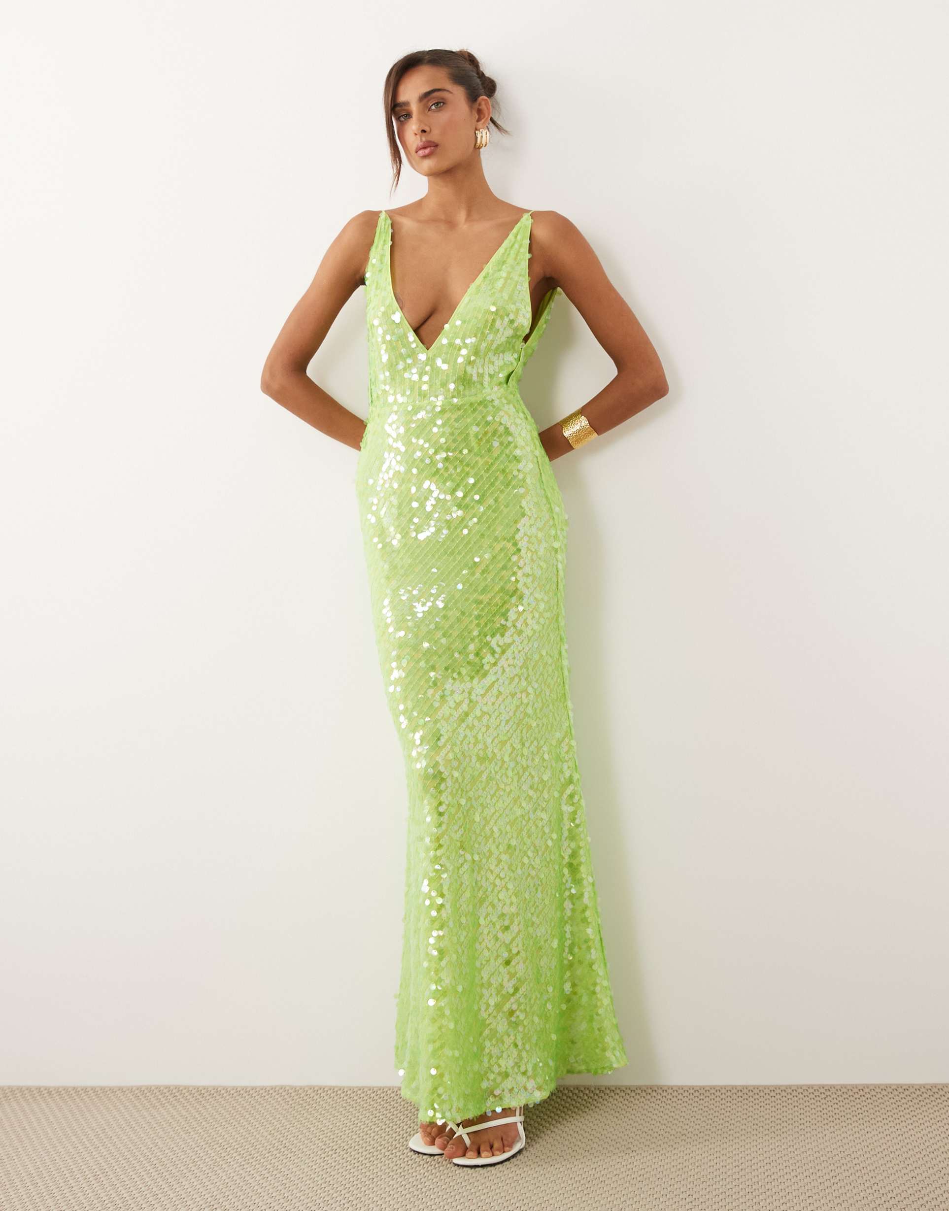 asos design iridescent sequins deep plunge neck fishtail maxi dress in green