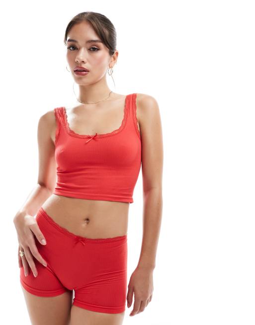 ASOS DESIGN Iris ribbed singlet and shorts set with lace trim in red