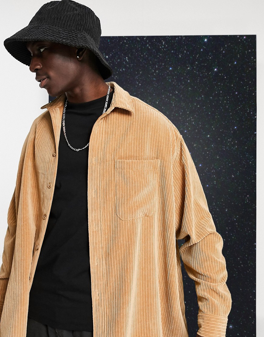ASOS DESIGN irregular cord extreme oversized fit shirt in camel-Brown