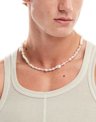 Asos Design Irregular Mixed Faux Pearl Necklace-white