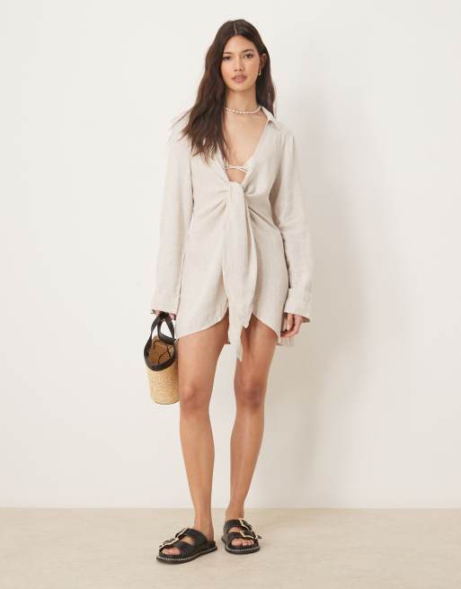 ASOS DESIGN Isabel linen blend tie front beach shirt dress in natural