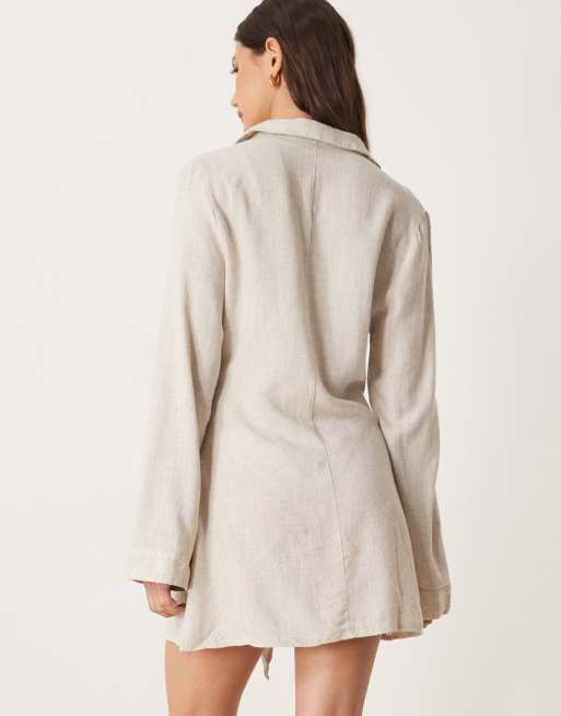 ASOS DESIGN Isabel linen blend tie front beach shirt dress in natural