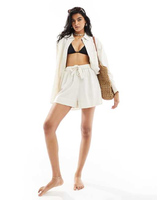 ASOS DESIGN – Isabel – Mieszaj i łącz – Szorty plażowe z domieszką lnu w neutralnym kolorze