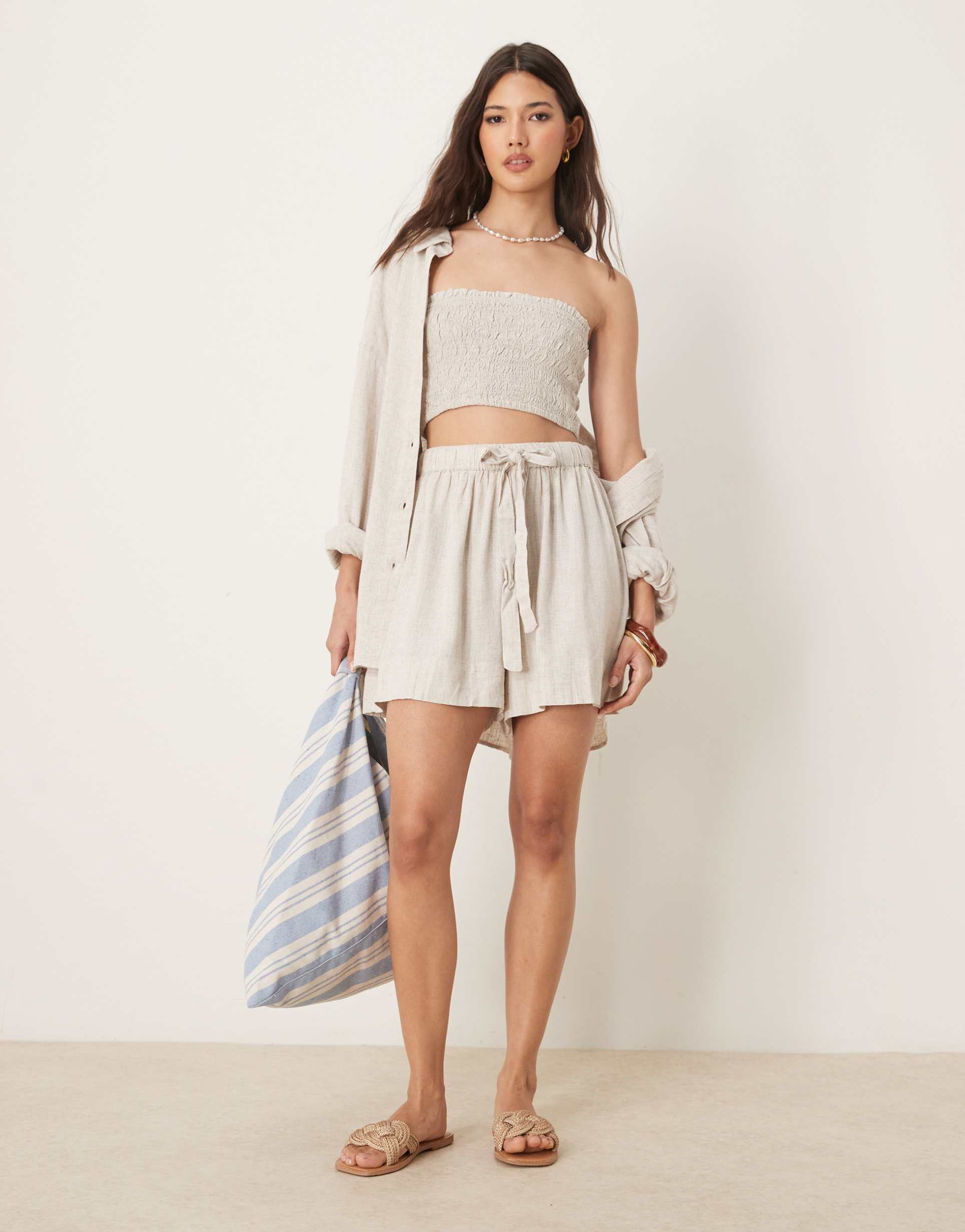 asos design isabel mix & match linen blend beach shorts in natural