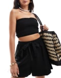 [ASOS DESIGN] ASOS DESIGN Isabel Mix & Match linen blend shirred bandeau beach top in black 14 Black
