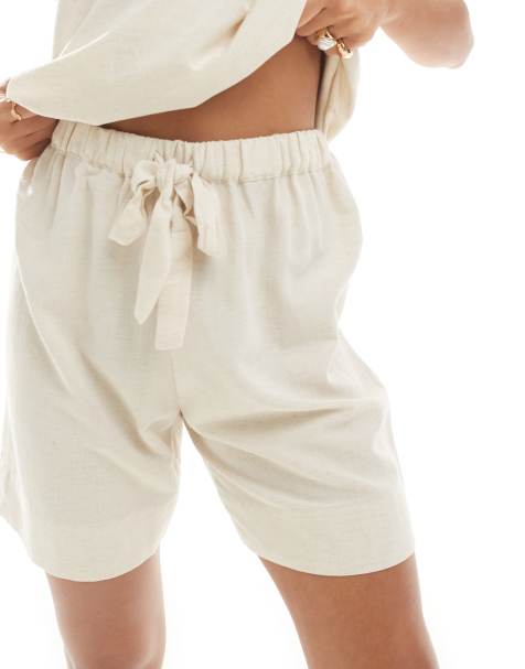 ASOS DESIGN Isabel mix & match linen look beach bermuda shorts in neutral - view 1