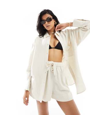 Asos Design Isabel Mix & Match Linen Look Oversize Beach Shirt In Neutral