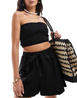 Asos Design Isabel Mix & Match Linen Look Shirred Bandeau Beach Top In Black