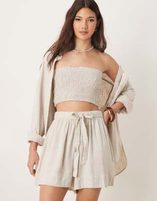 Asos Design Isabel Mix & Match Linen Look Shirred Bandeau Beach Top In Neutral