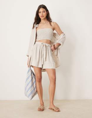 asos design isabel mix & match linen look shirred bandeau beach top in natural