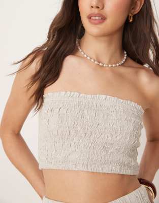 asos design isabel mix & match linen look shirred bandeau beach top in natural